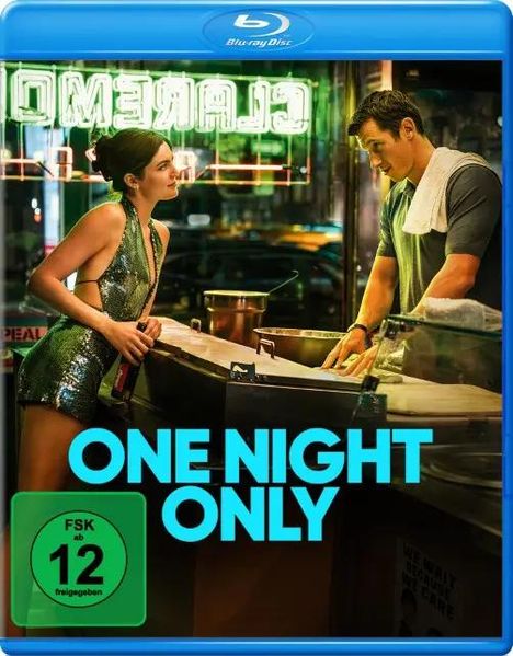 Text: "ONE NIGHT ONLY" in blauer Schrift. Eine Frau in schimmerndem Kleid spricht mit einem Mann in einem Diner.