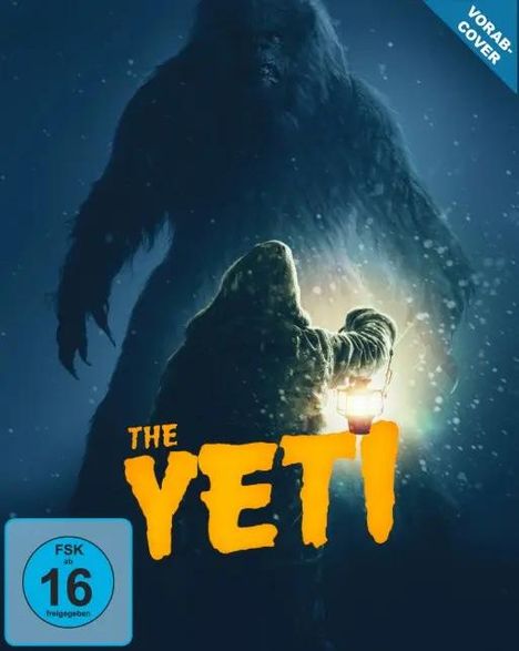 "THE YETI", FSK 16. Ein Kapuzen-Mensch mit Laterne steht vor einem riesigen, schattenhaften Yeti.