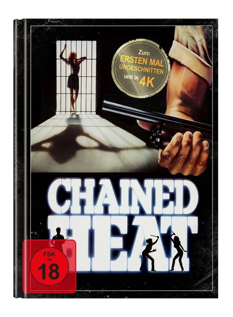 Zum ersten Mal ungeschnitten und in 4K. CHAINED HEAT. Eine Frau hinter Gittern, große Hand mit Gewehr. FSK 18.