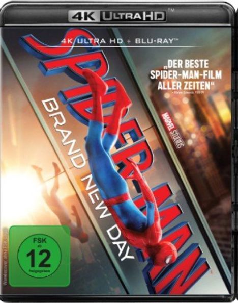 „SPIDER-MAN: BRAND NEW DAY“, „Der beste Spider-Man-Film aller Zeiten“, FSK 12. Illustration von Spider-Man, der kopfüber hängt.