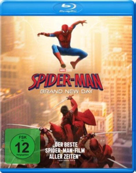 "Spider-Man Brand New Day" in großen Buchstaben, darunter Kampf gegen Schurken. FSK 12 Hinweis auf der linken Seite.