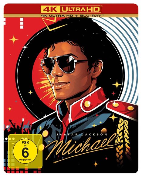 "4K Ultra HD", "FSK ab 6 freigegeben", "Jaafar Jackson", "Michael". 

Illustration: Mann in bunter Uniform mit Sonnenbrille.