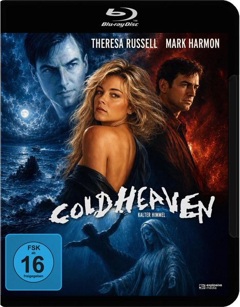 "THERESA RUSSELL, MARK HARMON, COLD HEAVEN, KALTER HIMMEL. Zwei Gesichter vor blauen und roten Wolken, Frau zentral."