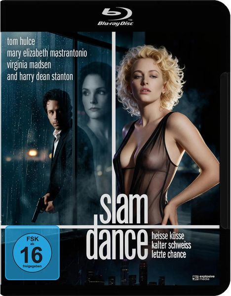 Text: "tom hulce, mary elizabeth mastrantonio, virginia madsen and harry dean stanton. slam dance, heisse küsse kalter schweiss letzte chance. FSK ab 16 freigegeben."

Beschreibung: Eine Frau mit kurzem blondem Haar in einem durchsichtigen schwarzen Kleid, ein Mann mit Waffe vor einer regnerischen Fensterfront.