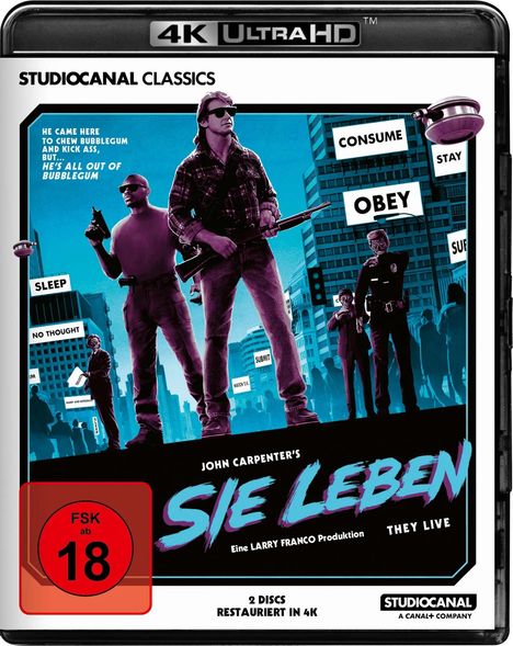 Cover von "SIE LEBEN": Mann mit Sonnenbrille und Waffe. Schlagwörter wie "OBEY", "CONSUME". FSK ab 18.