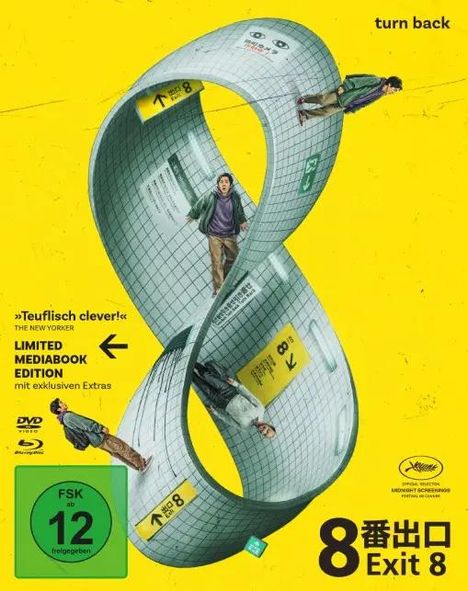 "Teuflisch clever", "LIMITED MEDIABOOK EDITION", "Exit 8". Illustration einer Möbiusschleife mit Menschen.