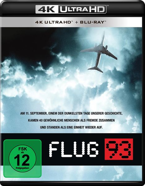 FSK 12, Flug 93, 4K Ultra HD + Blu-ray. Ein Flugzeug fliegt durch bewölkten Himmel.