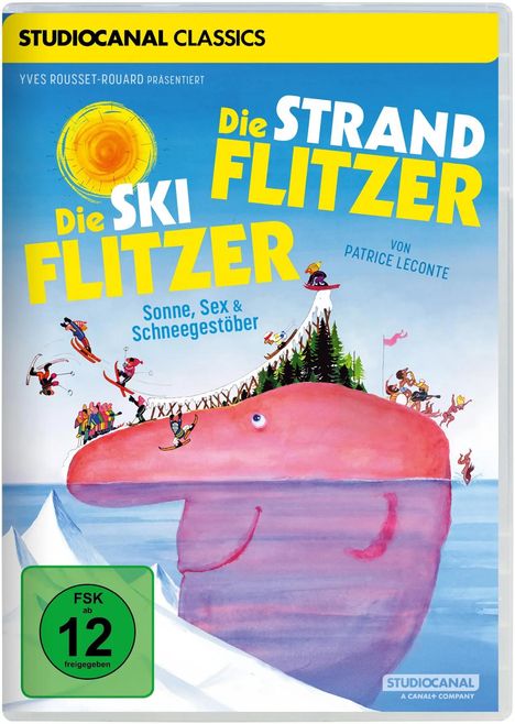 STUDIOCANAL CLASSICS. Die Strandflitzer, Die Skiflitzer. Illustration: Wal mit Skisprungschanze, Menschen oben und im Wasser.