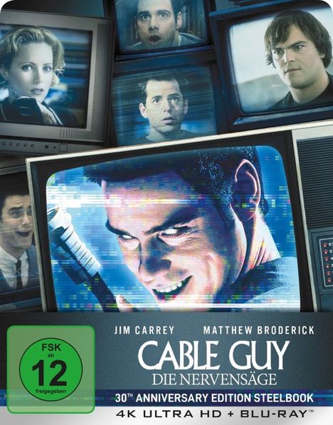 „Cable Guy: Die Nervensäge“, Edition hat FSK 12. Es sind mehrere TV-Bildschirme abgebildet, einer zeigt einen grinsenden Mann.