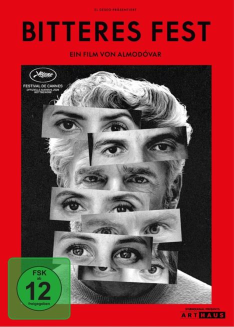 BITTERES FEST, ein Film von Almodóvar. Schwarz-weißes Porträt mit collagierten Augen. FSK 12-Freigabe.