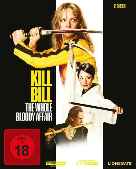 Text: "KILL BILL: THE WHOLE BLOODY AFFAIR", "FSK ab 18", "2 DISCS". Drei Menschen mit Schwertern in Kampfposen.