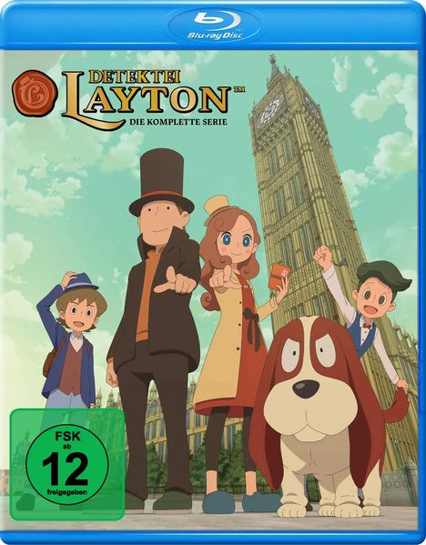 "DETEKTEI LAYTON DIE KOMPLETTE SERIE". Cartoonfiguren und ein Hund vor einem Turm. FSK 12 freigegeben.