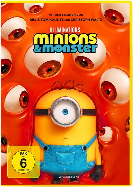 "Illuminations Minions & Monster" steht groß auf orangefarbenem Hintergrund mit vielen Augen und einem Minion in blauer Latzhose.
