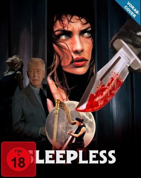 Vorab-Cover oben, FSK 18 links unten, darunter "SLEEPLESS". Illustration: Frau, blutiges Messer, Harfe vor Mond.