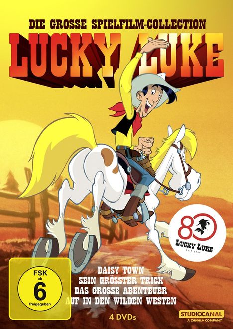 "Die große Spielfilm-Collection Lucky Luke." Ein Cowboy auf einem Pferd, gelber Hintergrund.