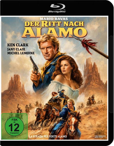 „DER RITT NACH ALAMO“, ein Westernfilm-Cover mit Reitern und einer Frau, gehalten in goldgelben und blauen Tönen.