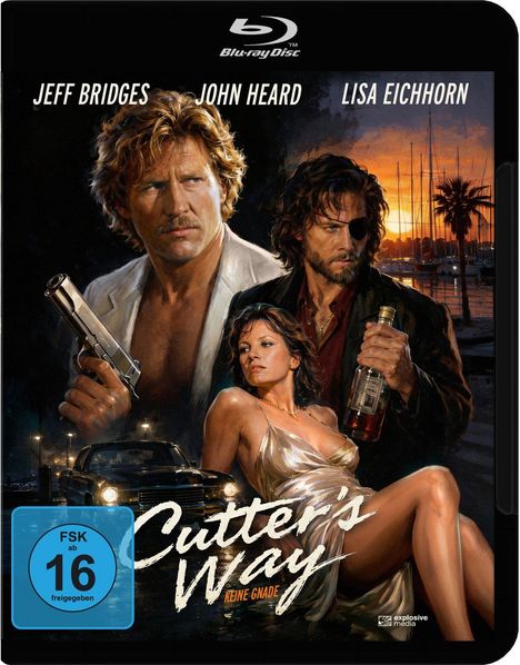 "Cutter's Way - Keine Gnade", Schauspieler Jeff Bridges, John Heard, Lisa Eichhorn. Illustration mit Auto, Pistole, Sonnenuntergang.