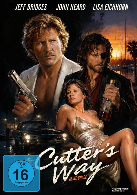 Titel "Cutter's Way". Personen: Mann mit Waffe, Mann mit Augenklappe und Flasche, Frau im Kleid. Hintergrund: Auto, Sonnenuntergang.