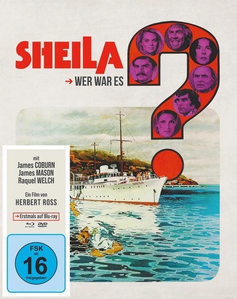 Text: SHEILA - Wer war es?, mit James Coburn, James Mason, Raquel Welch, FSK 16. Illustration eines Schiffs auf See.