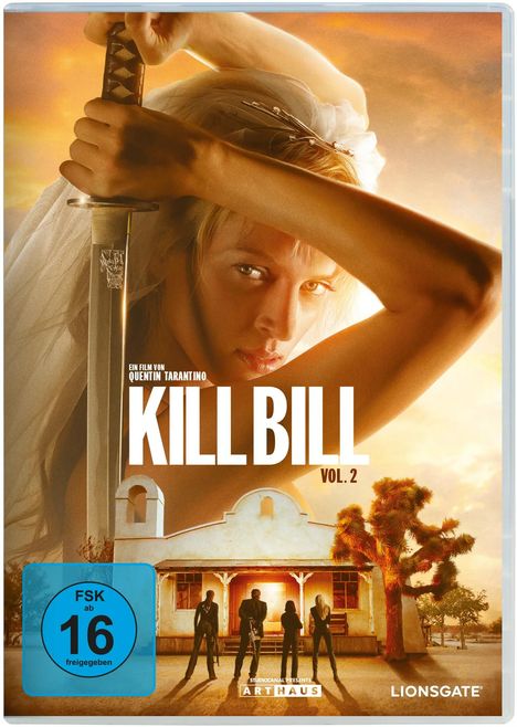 „KILL BILL VOL. 2“ zeigt eine Frau mit Schwert vor Kirche, vier Personen davor, FSK 16 Kennzeichnung.