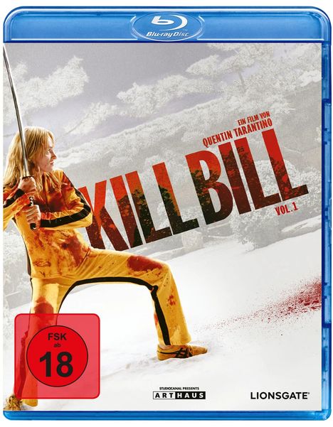 „KILL BILL" steht in großen roten Buchstaben, „Ein Film von Quentin Tarantino“ ist kleiner darauf. Eine Frau mit Schwert im Vordergrund.