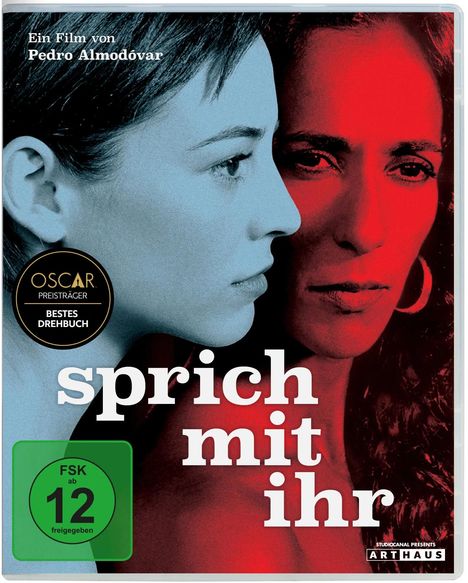 Texte: "Ein Film von Pedro Almodóvar", "Oscar Preisträger Bestes Drehbuch", "sprich mit ihr", "FSK ab 12 freigegeben". Zwei überlagerte Gesichter in Blau und Rot.