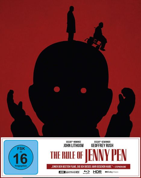 FSK ab 16, Oscar-Nominee John Lithgow, Geoffrey Rush, The Rule of Jenny Pen. Silhouetten auf rotem Hintergrund.