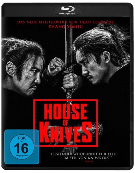 DVD-Hülle: "House of Knives" in roten Großbuchstaben. Zwei Personen mit Schwertern in intensivem Blickduell. FSK 16.