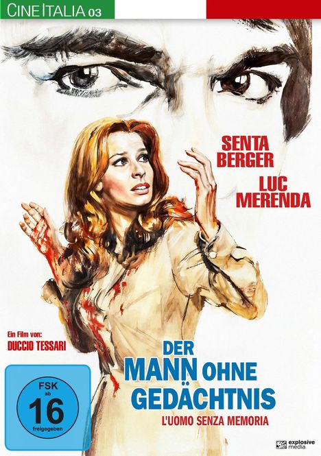 Illustration mit Text: "CINEITALIA 03", "SENTA BERGER", "LUC MERENDA", "DER MANN OHNE GEDÄCHTNIS", "Ein Film von: DUCCIO TESSARI". Eine Frau mit rotem Haar wirkt alarmiert.