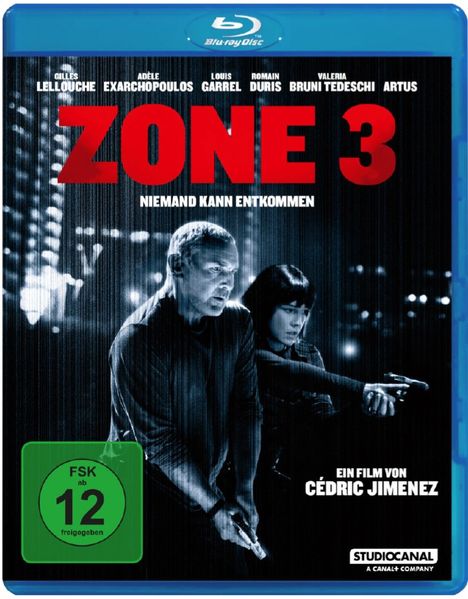 "ZONE 3", "NIEMAND KANN ENTKOMMEN", Schauspielernamen, "FSK 12", "Ein Film von Cédric Jimenez", düstere Szene mit bewaffneten Personen.