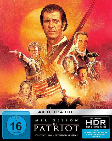 "4K ULTRA HD", "MEL GIBSON DER PATRIOT", "FSK ab 16 freigegeben". Illustration mit historischen Figuren, Militär.