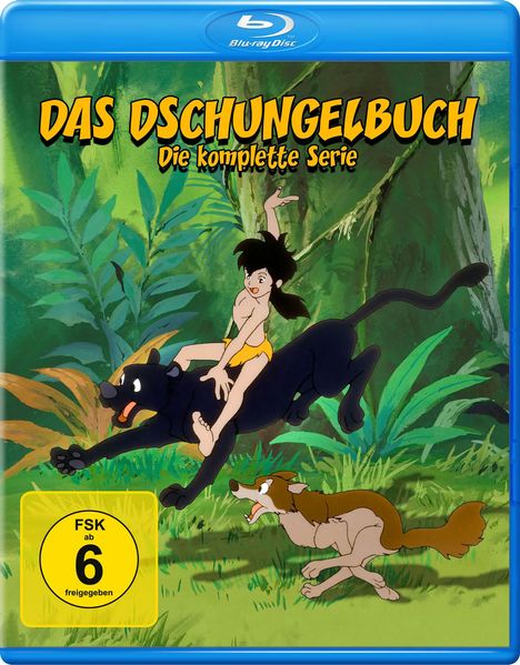 „DAS DSCHUNGELBUCH: Die komplette Serie“ steht oben. Ein Junge reitet auf einem schwarzen Panther im Dschungel.