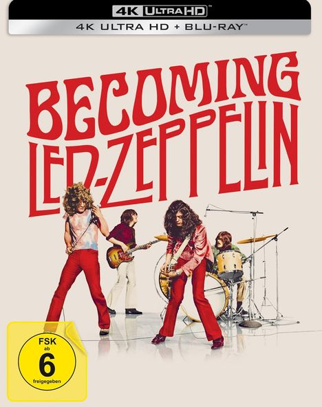 Oben steht "Becoming Led Zeppelin". Darunter spielen vier Männer in einem dynamischen Stil. Links klebt ein gelbes FSK 6-Siegel.