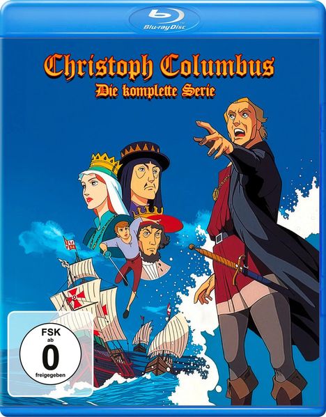 "Christoph Columbus: Die komplette Serie" steht oben. Eine Illustration mit Figuren und Schiffen auf bewegtem Wasser.