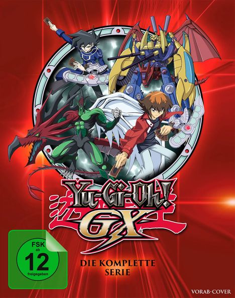 FSK 12, Yu-Gi-Oh! GX, Die komplette Serie. Anime-Stil, Figuren mit Karten und Fantasiewesen, roter Hintergrund.