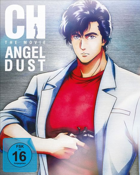 Text: "The Movie City Hunter Angel Dust", "FSK ab 16 freigegeben". Illustration: Person vor nächtlicher Stadtlandschaft.