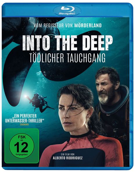 „Into the Deep: Tödlicher Tauchgang“, Unterwasser-Szene mit zwei Personen in Tauchausrüstung und ein großes Propeller.