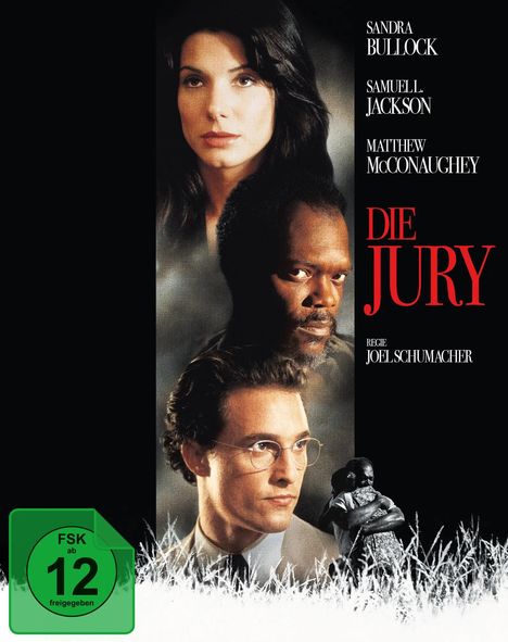 Oben Text: Sandra Bullock, Samuel L. Jackson, Matthew McConaughey. "Die Jury" in Rot. Drei ernste Gesichter übereinander.