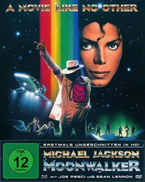 "A MOVIE LIKE NO OTHER", "ERSTMALS UNGESCHNITTEN IN HD!", "MICHAEL JACKSON MOONWALKER". 
Illustration: Michael Jackson mit Regenbogen und Weltraum.
