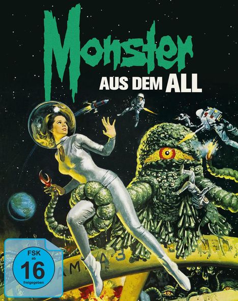 „Monster aus dem All“ in grüner und weißer Schrift, Illustration: Frau in silbernem Anzug vor riesigem Monster im Weltraum.