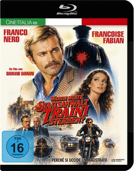 "Warum musste Staatsanwalt Traini sterben?", Franco Nero, Francoise Fabian. Illustrationsszene mit Polizei und Stadtbild.