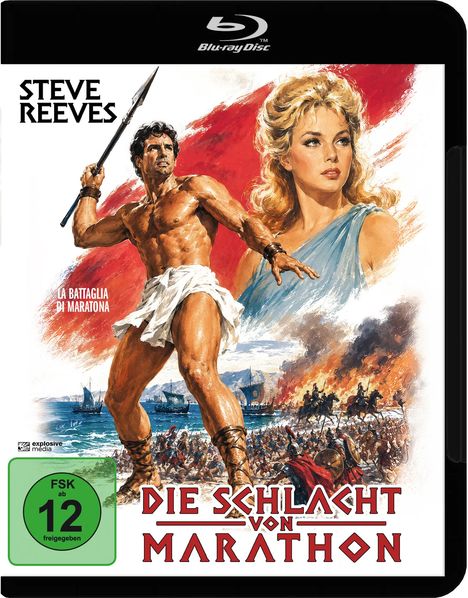 "STEVE REEVES", "DIE SCHLACHT VON MARATHON", "FSK ab 12 freigegeben". Illustration: Krieger mit Speer und Frau, Schlacht im Hintergrund.