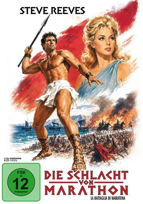Text: "STEVE REEVES", "DIE SCHLACHT VON MARATHON", "FSK ab 12 freigegeben". Illustration eines muskulösen Mannes und einer Frau.