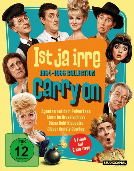 "Ist ja irre 1964-1966 Collection Carry on," vier Filme auf zwei Blu-rays. Illustration mit humorvollen Charakteren.