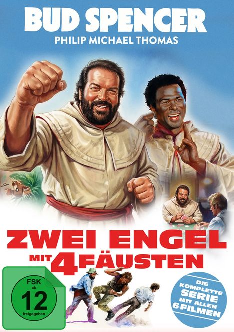 Oben „Bud Spencer, Philip Michael Thomas.“ Darunter „Zwei Engel mit 4 Fäusten.“ Illustration von zwei lachenden Männern in Mönchskutten.