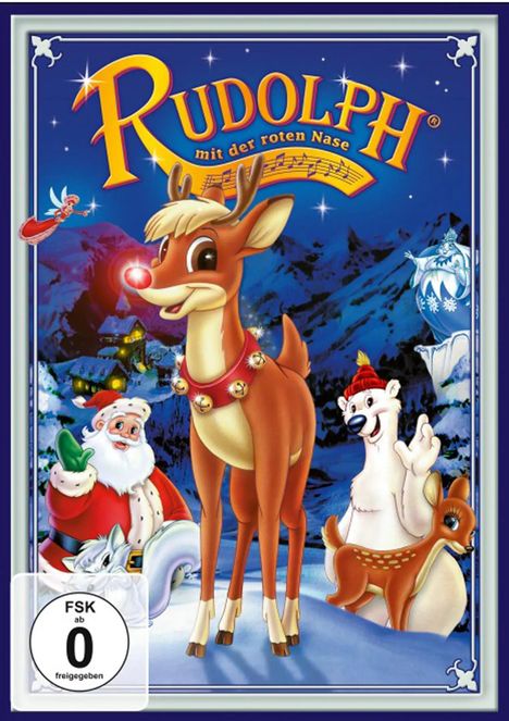 "RUDOLPH mit der roten Nase" oben. Illustration: Rudolph mit roter Nase, Santa, ein Eisfigur und Tiere im Schnee.