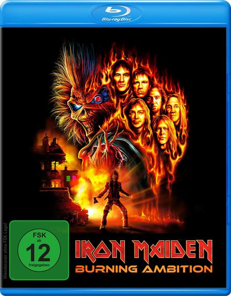 "Iron Maiden: Burning Ambition" in roter Schrift. Ein monsterartiges Gesicht und mehrere Köpfe in Flammen. FSK 12 Logo.