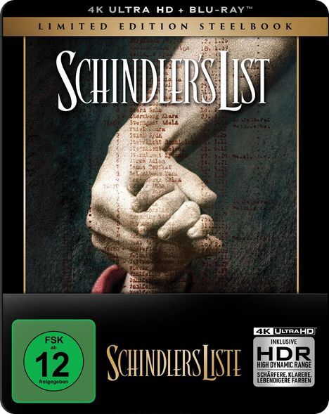 "Schindler's List", "FSK ab 12 freigegeben", eine Nahaufnahme von haltenden Händen, Hintergrund mit Zahlen und Text.