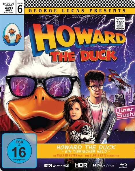 "Howard the Duck - Ein tierischer Held". Comic-Stil Grafik: Anthropomorpher Erpel mit Brille vor Stadt und Blitzen, Menschen dabei.