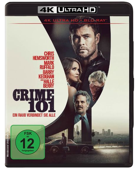 "Crime 101: Ein Raub verbindet sie alle. Chris Hemsworth, Mark Ruffalo. FSK 12. Szenen mit mehreren Personen und Stadtansicht."